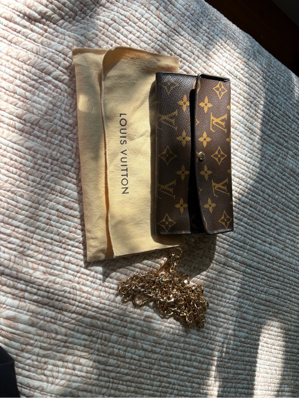 Louis Vuitton Monogram Mini Chain Wallet in Brown with Gold Chain